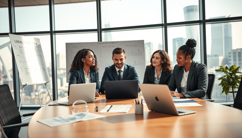 A professional office environment showcasing the benefits of social advantages within the context of indirect tax protection. In the foreground, depict a diverse group of three business professionals in smart business attire engaged in a collaborative discussion around a modern conference table, with laptops and papers spread out, highlighting teamwork. The middle ground features whiteboards with financial diagrams and charts illustrating indirect tax implications. In the background, large windows reveal an urban skyline, bathing the scene in warm, natural light that stimulates a productive atmosphere. The overall mood should be optimistic and focused, representing strong teamwork and financial security. Incorporate subtle branding elements of "UMALIS GROUP" in the environment.