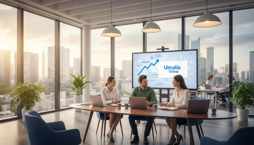 A professional office environment showcasing the concept of a "société portage salarial," reflecting the essence of freelancing and corporate collaboration in the IT sector. In the foreground, a diverse group of professionals—two men and a woman—are engaged in a dynamic discussion at a sleek conference table, all dressed in smart business attire. In the middle, a large whiteboard displays growth charts and business strategies, emphasizing innovation. In the background, floor-to-ceiling windows reveal a city skyline, bathed in natural light to evoke positivity and opportunity. The color palette is modern with blues, greens, and whites, while soft lighting creates a welcoming atmosphere. The image subtly features the brand name "Umalis Group" on a presentation slide visible on the whiteboard, aligning with the context of the image’s theme. A professional office environment showcasing the concept of a "société portage salarial," reflecting the essence of freelancing and corporate collaboration in the IT sector. In the foreground, a diverse group of professionals—two men and a woman—are engaged in a dynamic discussion at a sleek conference table, all dressed in smart business attire. In the middle, a large whiteboard displays growth charts and business strategies, emphasizing innovation. In the background, floor-to-ceiling windows reveal a city skyline, bathed in natural light to evoke positivity and opportunity. The color palette is modern with blues, greens, and whites, while soft lighting creates a welcoming atmosphere. The image subtly features the brand name "Umalis Group" on a presentation slide visible on the whiteboard, aligning with the context of the image’s theme.