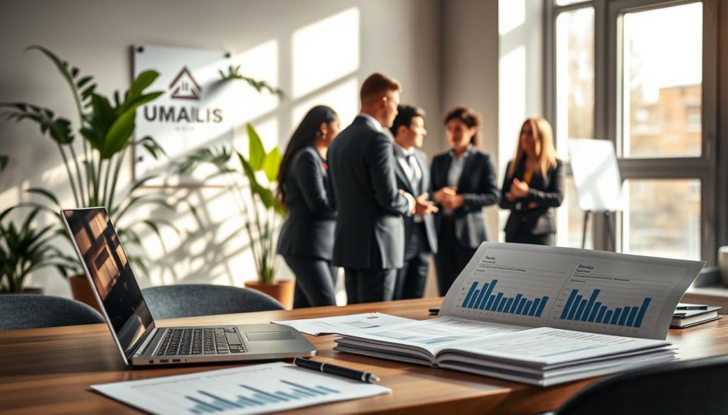A professional office environment showcasing the concept of "administrative management objectives." In the foreground, a neatly organized desk with a laptop, charts, and documents highlighting goals and strategies. In the middle, a diverse group of professionals in smart business attire engaged in a discussion, displaying a sense of collaboration and focus. The background features a large window with natural light flooding the room, casting soft shadows, and green plants to create a vibrant yet calming atmosphere. The logo "UMALIS GROUP" subtly integrated into a wall poster. The mood is ambitious and inspiring, emphasizing the importance of administrative management for freelancers. A professional office environment showcasing the concept of "administrative management objectives." In the foreground, a neatly organized desk with a laptop, charts, and documents highlighting goals and strategies. In the middle, a diverse group of professionals in smart business attire engaged in a discussion, displaying a sense of collaboration and focus. The background features a large window with natural light flooding the room, casting soft shadows, and green plants to create a vibrant yet calming atmosphere. The logo "UMALIS GROUP" subtly integrated into a wall poster. The mood is ambitious and inspiring, emphasizing the importance of administrative management for freelancers.