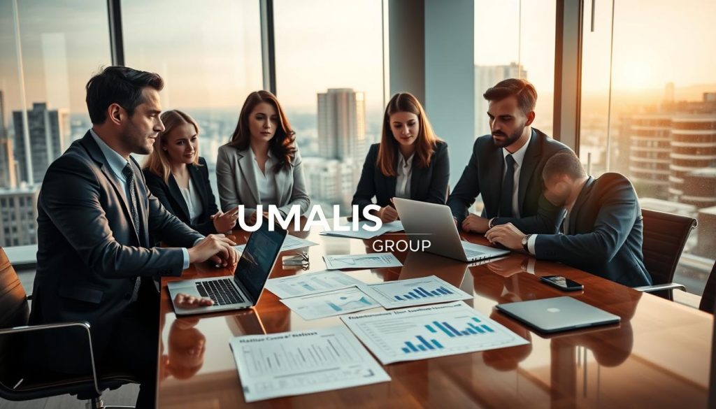 A professional office environment showcasing the concept of "conditions d'accès portage salarial." In the foreground, a diverse group of three individuals in professional business attire, deep in discussion around a polished conference table. The middle ground features informative charts and documents spread out, illustrating requirements and rules, with a modern laptop displaying graphs. In the background, large windows reveal a cityscape with soft, natural lighting illuminating the room, creating an engaging and inspiring atmosphere. The mood is focused yet collaborative, reflecting the importance of understanding access conditions in a consulting context. Incorporate the brand name "UMALIS GROUP" subtly within the workspace. The overall image conveys professionalism and clarity, suitable for an informative article section.