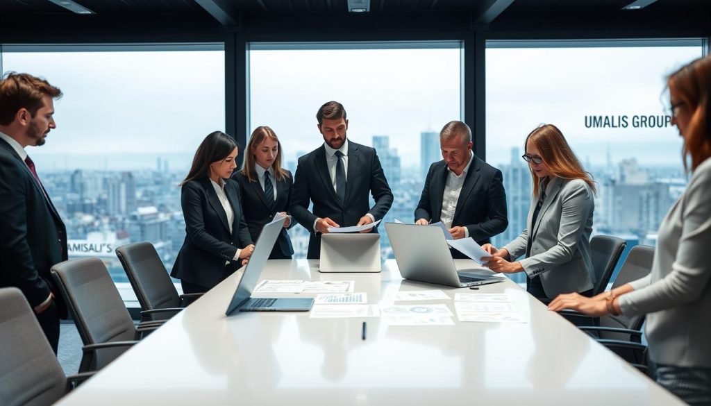 A professional office environment showcasing the concept of financial guarantees for a portage company, specifically "UMALIS GROUP". In the foreground, a diverse group of business professionals in formal attire, attentively discussing documents and financial reports. In the middle, a sleek conference table with laptops, paperwork, and a backdrop of a large cityscape visible through expansive glass windows, representing transparency and professionalism. The background features a modern office with subtle branding elements of UMALIS GROUP and soft ambient lighting to create a focused yet inviting atmosphere. The overall mood should convey seriousness and trust, emphasizing the obligations and regulatory aspects of a portage company in France. Use a slight angle from the left to add depth. A professional office environment showcasing the concept of financial guarantees for a portage company, specifically "UMALIS GROUP". In the foreground, a diverse group of business professionals in formal attire, attentively discussing documents and financial reports. In the middle, a sleek conference table with laptops, paperwork, and a backdrop of a large cityscape visible through expansive glass windows, representing transparency and professionalism. The background features a modern office with subtle branding elements of UMALIS GROUP and soft ambient lighting to create a focused yet inviting atmosphere. The overall mood should convey seriousness and trust, emphasizing the obligations and regulatory aspects of a portage company in France. Use a slight angle from the left to add depth.