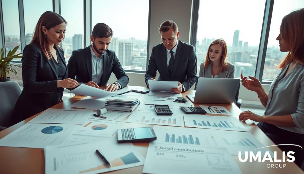 A professional office environment showcasing the concept of "frais gestion" in a freelance context. In the foreground, a diverse group of three professionals in smart business attire — a woman analyzing documents, a man using a laptop, and another woman discussing ideas. In the middle, a large table with spreadsheets, calculators, and graphs illustrating costs, revenues, and social contributions. In the background, large windows letting in natural light with a cityscape view, creating an inspiring atmosphere. The lighting is bright, emphasizing clarity and professionalism. The image should convey a sense of security and freedom in the freelance workspace. Include subtle branding elements that hint at "UMALIS GROUP." A professional office environment showcasing the concept of "frais gestion" in a freelance context. In the foreground, a diverse group of three professionals in smart business attire — a woman analyzing documents, a man using a laptop, and another woman discussing ideas. In the middle, a large table with spreadsheets, calculators, and graphs illustrating costs, revenues, and social contributions. In the background, large windows letting in natural light with a cityscape view, creating an inspiring atmosphere. The lighting is bright, emphasizing clarity and professionalism. The image should convey a sense of security and freedom in the freelance workspace. Include subtle branding elements that hint at "UMALIS GROUP."