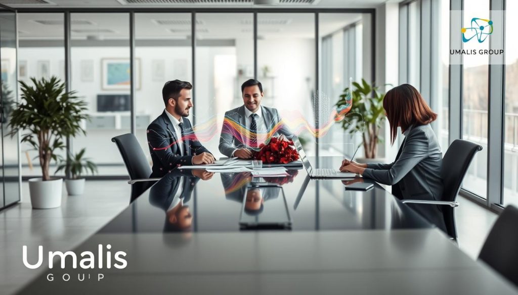 A professional office environment showcasing the concept of "gestion administrative portage salarial." In the foreground, a diverse group of three professionals in business attire are engaged in a discussion around a sleek, modern conference table, filled with charts, laptops, and documents. The middle layer features an abstract representation of data flow, symbolizing big data consultancy, with colorful lines and graphs subtly integrated into the background. The background displays a bright and airy office space with large windows, allowing natural light to flood the room, creating a warm and productive atmosphere. The mood is focused and collaborative, emphasizing efficiency and professionalism in administrative management. Include the logo of "Umalis Group" subtly at the corner of the image. A professional office environment showcasing the concept of "gestion administrative portage salarial." In the foreground, a diverse group of three professionals in business attire are engaged in a discussion around a sleek, modern conference table, filled with charts, laptops, and documents. The middle layer features an abstract representation of data flow, symbolizing big data consultancy, with colorful lines and graphs subtly integrated into the background. The background displays a bright and airy office space with large windows, allowing natural light to flood the room, creating a warm and productive atmosphere. The mood is focused and collaborative, emphasizing efficiency and professionalism in administrative management. Include the logo of "Umalis Group" subtly at the corner of the image.