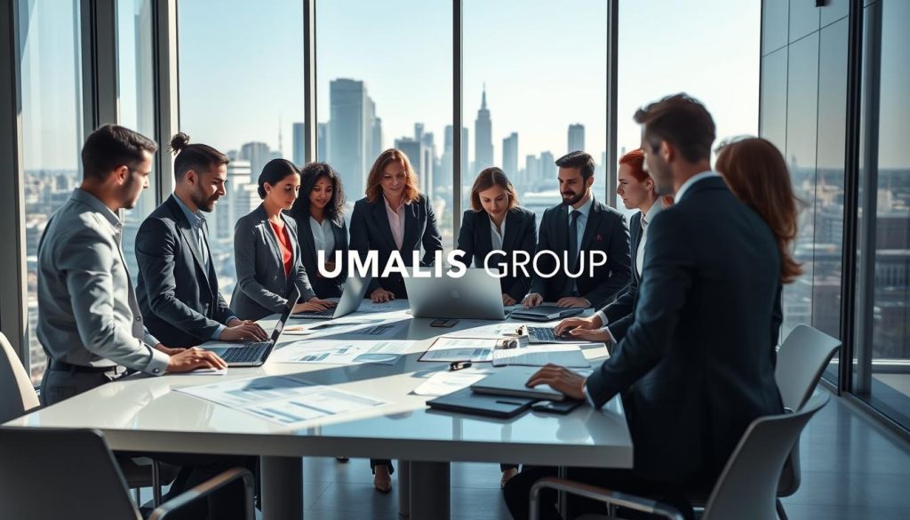 A professional office environment showcasing the concept of "gestion des cotisations sociales." In the foreground, a diverse group of business professionals, dressed in sharp business attire, are engaged in a discussion around a modern conference table filled with laptops, charts, and financial documents, emphasizing collaboration and strategy. The middle ground features large windows allowing natural light to fill the space, casting soft shadows and creating an inviting atmosphere. In the background, a sleek city skyline is visible, symbolizing growth and opportunity. The overall mood is focused and optimistic, promoting the idea of optimizing social contribution management. The brand name "UMALIS GROUP" is subtly integrated into the office decor, reinforcing a professional setting. The image is captured with a wide-angle lens, enhancing depth and perspective.