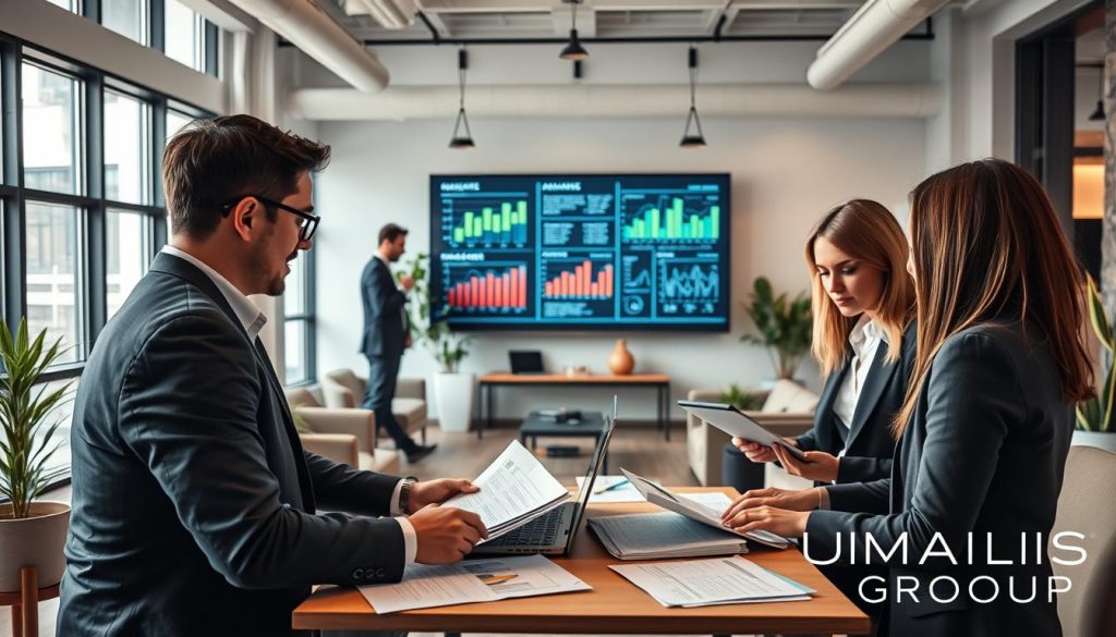 A professional office environment showcasing the concept of "portage salarial" in the digital sector. In the foreground, a diverse group of three professionals in smart business attire: a man and a woman, engaged in a discussion while looking at a laptop, surrounded by paper documents and digital devices. In the middle, a modern workspace filled with comfortable furniture, large windows allowing natural light to flood in, and a subtle hint of greenery from potted plants. In the background, a large screen displays engaging graphs and data, suggesting an active meeting or brainstorming session. The atmosphere is collaborative and focused, conveying productivity and innovation. Lighting is bright yet warm, and the camera angle is slightly from above, enhancing the feeling of a dynamic workspace. Include the logo of "UMALIS GROUP" subtly in the scene. A professional office environment showcasing the concept of "portage salarial" in the digital sector. In the foreground, a diverse group of three professionals in smart business attire: a man and a woman, engaged in a discussion while looking at a laptop, surrounded by paper documents and digital devices. In the middle, a modern workspace filled with comfortable furniture, large windows allowing natural light to flood in, and a subtle hint of greenery from potted plants. In the background, a large screen displays engaging graphs and data, suggesting an active meeting or brainstorming session. The atmosphere is collaborative and focused, conveying productivity and innovation. Lighting is bright yet warm, and the camera angle is slightly from above, enhancing the feeling of a dynamic workspace. Include the logo of "UMALIS GROUP" subtly in the scene.