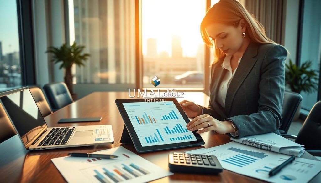 A professional office environment showcasing the concept of "portage salarial" with a focus on revenue, expenses, and professional fees. In the foreground, a suited businesswoman analyzes financial documents and a digital tablet displaying charts and graphs related to income and costs. The middle ground features a stylish conference table with a laptop, calculator, and financial reports neatly arranged. In the background, a well-lit window reveals a city skyline, suggesting a corporate atmosphere. Soft, natural light illuminates the scene, creating an inviting yet focused mood. The logo "UMALIS GROUP" is subtly incorporated into the decor or on a document. The overall atmosphere conveys professionalism and clarity in financial matters.