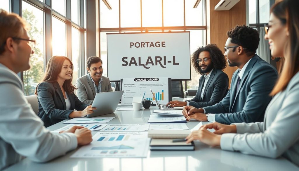 A professional office environment showcasing the concept of "portage salarial." In the foreground, a diverse group of individuals dressed in smart business attire engaged in a discussion around a conference table, with documents and laptops open. In the middle ground, clear visual aids like charts and graphs illustrating employment rights and obligations related to portage salarial. In the background, large windows letting in natural light, providing a vibrant atmosphere. The lighting is bright yet warm, creating a welcoming ambiance. The scene reflects professionalism and collaboration, hinting at financial freedom and career growth, all under the branding of "UMALIS GROUP" visible on a presentation slide. The overall mood is inspiring and informative, perfect for understanding portage salarial.