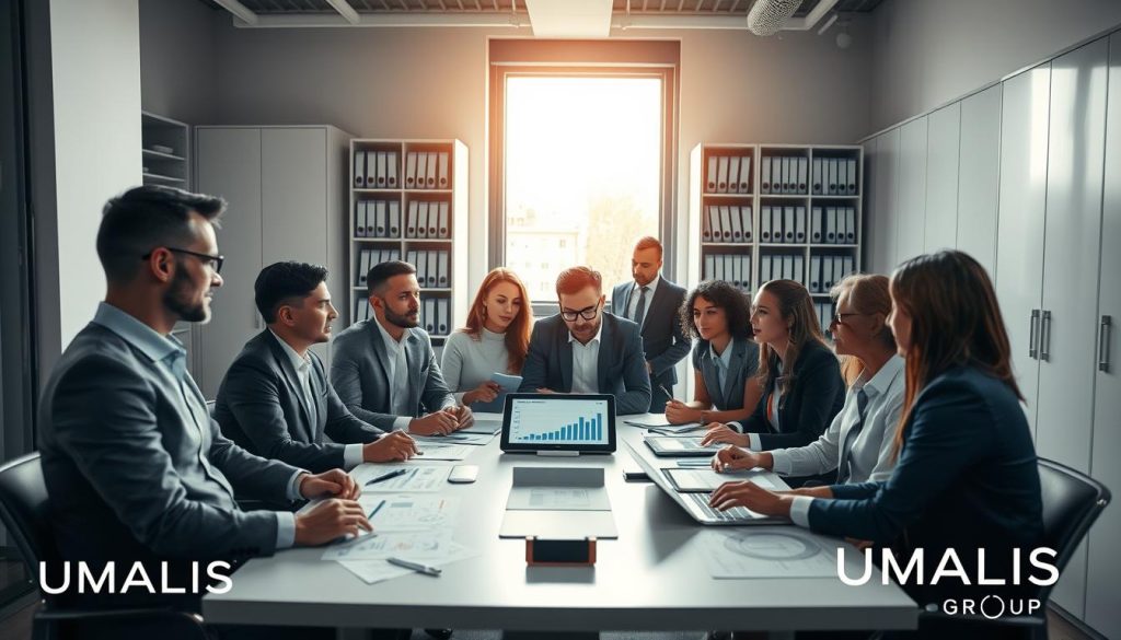 A professional office environment showcasing the concept of "sécurité sociale" and "rémunération" in the context of portage salarial. In the foreground, a diverse group of business professionals in formal attire, including men and women of various ethnicities, engaged in a discussion around a contemporary meeting table covered with documents and digital devices displaying financial charts. In the middle ground, a large window lets in natural light, illuminating the room and casting soft shadows, capturing a sense of optimism and professionalism. In the background, sleek cabinets filled with folders, clearly labeled for organization, add a feeling of order. The atmosphere is collaborative and focused, symbolizing empowerment and support in the freelance economy. Include a discreet logo of "UMALIS GROUP" in the corner of the scene.
