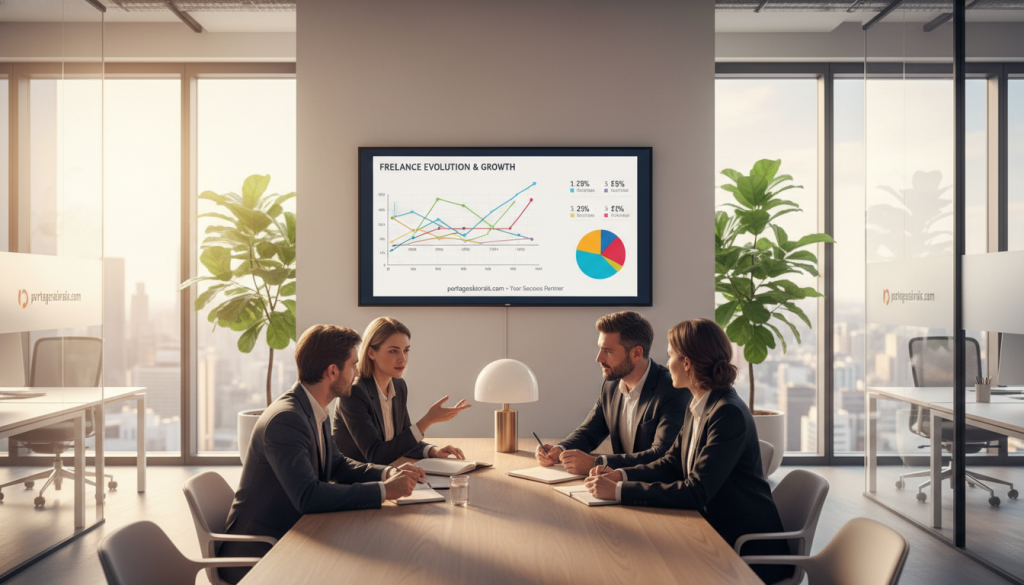 A professional office environment showcasing the concept of "société portage salarial." In the foreground, a diverse group of four professionals in business attire engaged in a discussion around a conference table, displaying expressions of collaboration and determination. The middle ground features a large digital screen displaying graphs and charts related to freelance work and business growth. The background shows a modern office with large windows inviting natural light, plants for a touch of greenery, and minimalist decor that promotes a feeling of professionalism. The atmosphere is one of innovation and business success, captured with soft, warm lighting, using a wide-angle lens to enhance depth and engagement. Include the brand name "portagesalarials.com" subtly integrated into the design elements of the office.