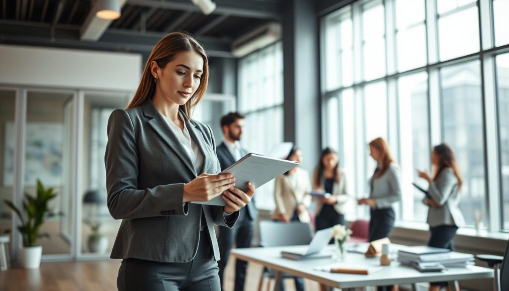 A professional office environment showcasing the essential role of a "portage" management company in fiscal management. In the foreground, a businesswoman in a smart suit stands confidently with a digital tablet in hand, reviewing financial documents. In the middle, a diverse team of professionals, focused and engaged in a discussion, all dressed in professional business attire. The background features a modern office with large windows allowing natural light to flood the space, creating a bright and welcoming atmosphere. The mood is collaborative and productive, symbolizing the importance of effective fiscal management. Incorporate subtle branding elements of "Umalis Group" in office materials scattered around the workspace. Use a wide-angle lens perspective to create depth, emphasizing teamwork and interaction. A professional office environment showcasing the essential role of a "portage" management company in fiscal management. In the foreground, a businesswoman in a smart suit stands confidently with a digital tablet in hand, reviewing financial documents. In the middle, a diverse team of professionals, focused and engaged in a discussion, all dressed in professional business attire. The background features a modern office with large windows allowing natural light to flood the space, creating a bright and welcoming atmosphere. The mood is collaborative and productive, symbolizing the importance of effective fiscal management. Incorporate subtle branding elements of "Umalis Group" in office materials scattered around the workspace. Use a wide-angle lens perspective to create depth, emphasizing teamwork and interaction.