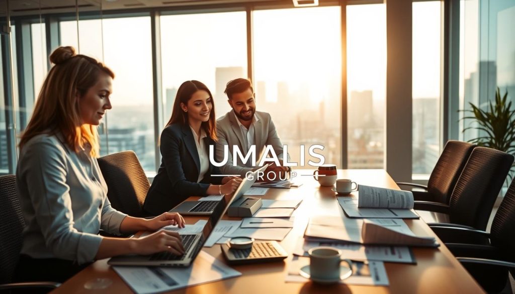 A professional office environment showcasing the financial advantages of portage salarial. In the foreground, a diverse group of three individuals in business attire (two women and one man) is engaged in a collaborative discussion, surrounded by financial documents and charts. The middle layer includes a large conference table with laptops, calculators, and coffee cups, symbolizing productivity and teamwork. In the background, bright windows let in natural light, creating a welcoming atmosphere, with city skyline views visible. Emphasize a sense of security and professionalism, reflecting the themes of financial and administrative benefits of portage salarial. Use warm lighting to enhance the positive mood. Incorporate the logo of "UMALIS GROUP" subtly into the scene, perhaps on a visible office document or a presentation slide.