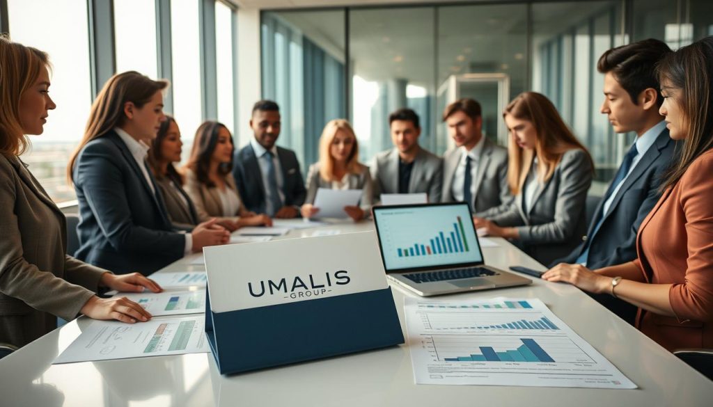 A professional office environment showcasing the importance of selecting a reliable portage enterprise. In the foreground, a diverse group of professionals in business attire are engaged in a discussion, analyzing documents with the logo "UMALIS GROUP" visible on a folder. In the middle ground, a modern conference table laden with charts and a laptop displaying a graph about professional liability insurance (RC Pro). The background features a large window with natural light streaming in, revealing a cityscape. The atmosphere is focused and collaborative, conveying trust and professionalism. The image should have a soft, warm lighting effect, shot from an eye-level angle to enhance relatability, with a depth of field focusing on the team and the documents.