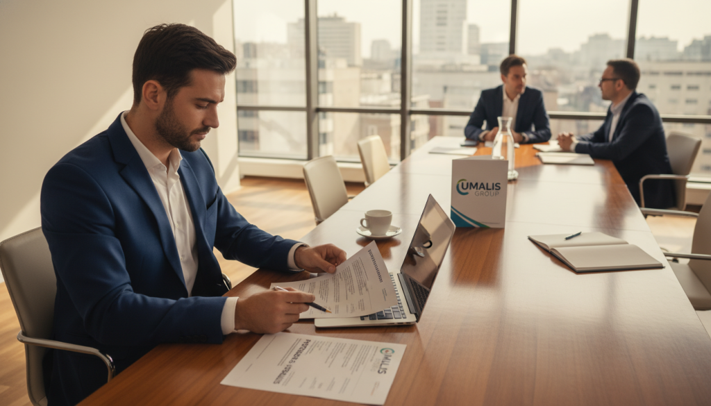 A professional office environment showcasing the prerequisites for "portage salarial". In the foreground, a well-dressed business consultant with a laptop, reviewing documents, symbolizing preparation and organization. In the middle, a sleek conference table with informational brochures and a cup of coffee, representing a strategic discussion. In the background, a modern office with large windows letting in soft, natural light, casting gentle shadows. The atmosphere is focused and collaborative, emphasizing professionalism and clarity. Include the logo of "Umalis Group" subtly displayed on a brochure on the table. Use a warm color palette and ensure the lighting creates an inviting yet professional mood.