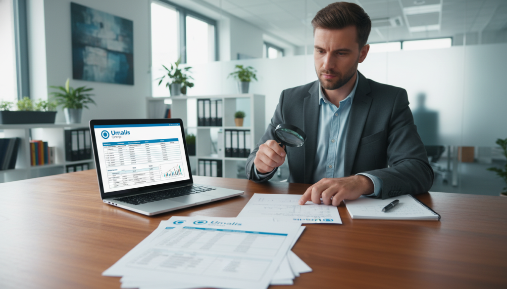 A professional office environment showcasing the process of invoicing in wage portage, featuring a modern workspace with a stylish desk, a laptop displaying financial documents, and a notepad with calculations. In the foreground, a carefully arranged stack of printed invoices with the logo of "Umalis Group" prominently visible. In the middle ground, a focused business professional in a tailored suit, analyzing the documents, exuding a sense of dedication and expertise. The background should consist of a well-organized office with soft natural lighting filtering through a large window, creating a calm and productive atmosphere. The composition should have a professional and encouraging vibe, emphasizing the importance of proper billing in freelance work. A professional office environment showcasing the process of invoicing in wage portage, featuring a modern workspace with a stylish desk, a laptop displaying financial documents, and a notepad with calculations. In the foreground, a carefully arranged stack of printed invoices with the logo of "Umalis Group" prominently visible. In the middle ground, a focused business professional in a tailored suit, analyzing the documents, exuding a sense of dedication and expertise. The background should consist of a well-organized office with soft natural lighting filtering through a large window, creating a calm and productive atmosphere. The composition should have a professional and encouraging vibe, emphasizing the importance of proper billing in freelance work.