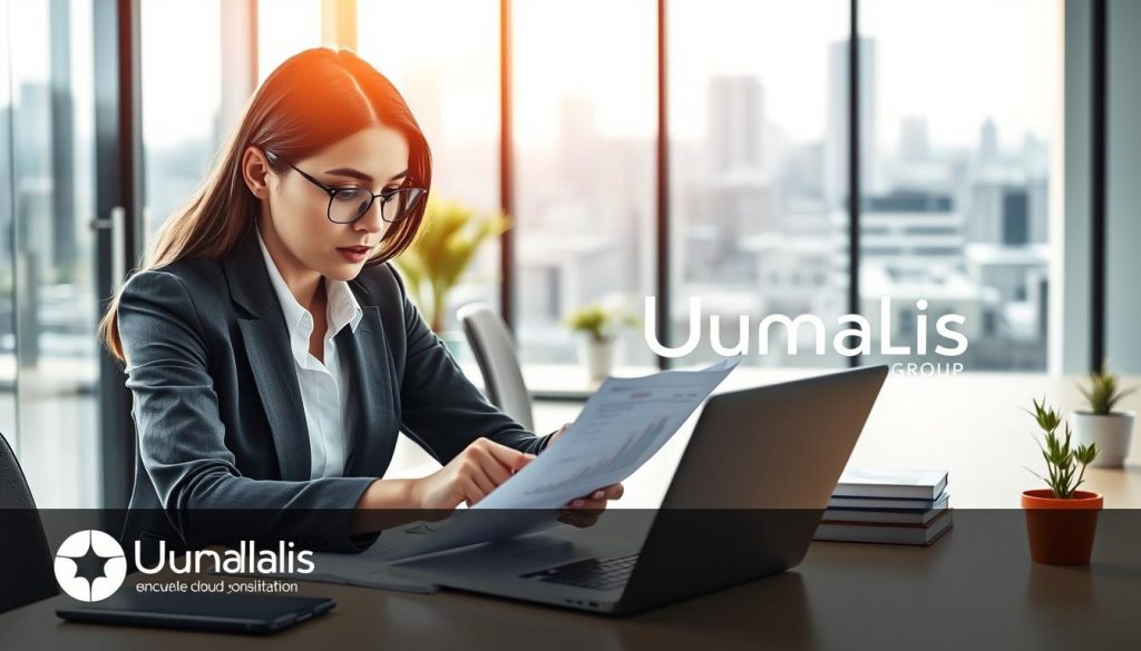 A professional office environment showcasing the theme of administrative management and financial optimization in the context of "portage salarial." In the foreground, depict a focused businesswoman in professional attire, elegantly analyzing financial documents on her desk, with a laptop open displaying charts and graphs. In the middle ground, include a modern office setting with glass walls and a neatly organized workspace with potted plants. The background features a large window revealing a city skyline, with soft natural light illuminating the scene, creating an optimistic atmosphere. Incorporate subtle branding elements representing "Umalis Group," blending them seamlessly into the office decor. The image should convey professionalism, efficiency, and clarity, emphasizing the role of management and optimization in cloud consulting.