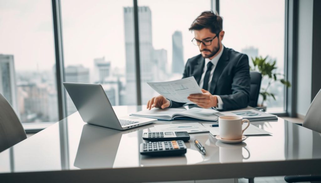 A professional office environment showcasing the theme of financial administrative optimization in the context of salary portage. In the foreground, a focused business professional, dressed in smart business attire, analyzes reports on a modern laptop, surrounded by organized financial documents. In the middle, a sleek desk with a calculator, notepad, and coffee cup reflects a productive atmosphere. The background features a large window with diffused natural light flooding in, highlighting a cityscape view that conveys success. The image has a balanced composition with a soft focus on the background, creating a sense of clarity and focus. The overall mood is one of efficiency and professionalism, emphasizing calm and clear administrative management.