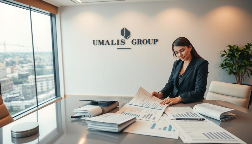 A professional office environment showcasing various types of business expenses in the context of "portage salarial." In the foreground, a confident business person in professional attire analyzes financial documents spread on a sleek desk, highlighting professional fees like travel, equipment, and training costs. The middle ground features a large, bright window with a scenic city view, symbolizing growth and opportunity. Soft, natural lighting creates a warm atmosphere, enhancing the professional yet approachable mood. On the wall, a subtle, elegant logo of "UMALIS GROUP" represents the business context, blending seamlessly into the design. The focus is on clarity and professionalism, showcasing the multifaceted nature of business expenses without distraction.