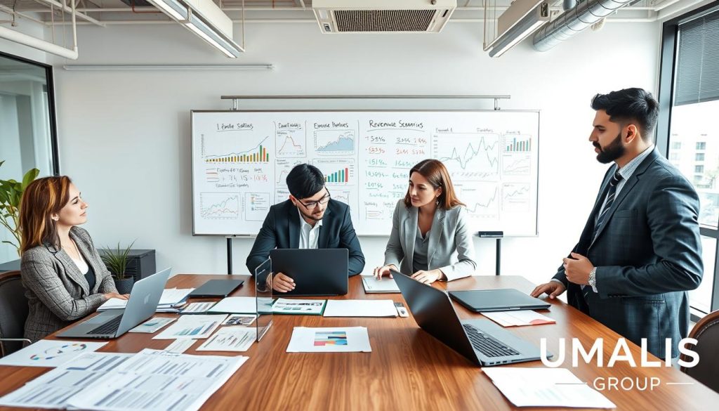 A professional office environment showing a diverse group of four businesspeople engaged in a strategic session to analyze revenue scenarios during an intermission period. In the foreground, a large table is covered with financial documents, charts, and laptops, showcasing explicit revenue assumptions. The middle ground features a whiteboard filled with colorful graphs and notes, capturing the collaborative essence of brainstorming. In the background, modern office decor and large windows allow natural light to create a bright and focused atmosphere. The mood is one of concentration and determination, with everyone wearing professional business attire. Include the logo of "UMALIS GROUP" subtly displayed in the corner of the image. The composition should be shot with a slight overhead angle to capture all participants engaged in discussion. A professional office environment showing a diverse group of four businesspeople engaged in a strategic session to analyze revenue scenarios during an intermission period. In the foreground, a large table is covered with financial documents, charts, and laptops, showcasing explicit revenue assumptions. The middle ground features a whiteboard filled with colorful graphs and notes, capturing the collaborative essence of brainstorming. In the background, modern office decor and large windows allow natural light to create a bright and focused atmosphere. The mood is one of concentration and determination, with everyone wearing professional business attire. Include the logo of "UMALIS GROUP" subtly displayed in the corner of the image. The composition should be shot with a slight overhead angle to capture all participants engaged in discussion.