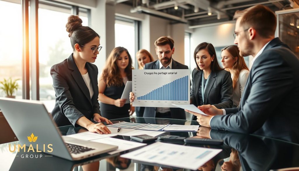 A professional office environment where a diverse group of business people engage in a discussion, analyzing data on laptops and financial reports. In the foreground, a focused woman in smart business attire points at a graph showcasing "charges frais portage salarial" while a man takes notes. In the middle, a clear glass table displays documents and calculators, symbolizing financial calculations. The background features a contemporary office with large windows letting in natural light, casting a warm glow that enhances a sense of collaboration. The atmosphere is one of concentration and productivity, reflecting the importance of integrating expenses into financial simulations. In the corner, the brand name "UMALIS GROUP" is subtly displayed on a sleek sign.