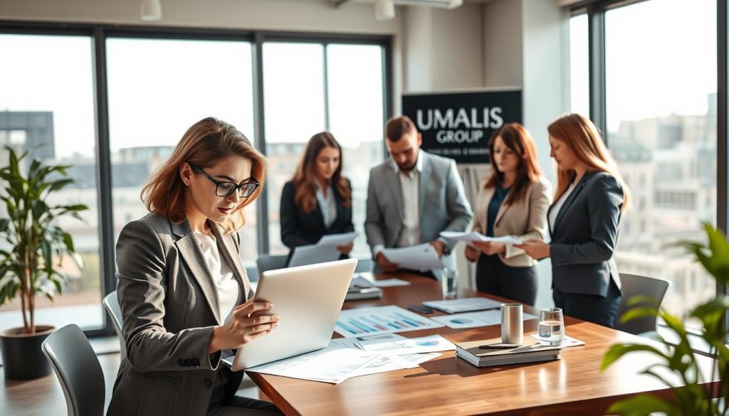 A professional office environment where a diverse group of business professionals are engaged in a discussion about salary calculations in the context of "portage salarial." In the foreground, a dedicated female consultant in formal attire, focused on her laptop, analyzing graphs and financial data related to salary transformation. In the middle, a diverse team of two men and two women, dressed in smart casual wear, collaborate around a conference table filled with financial documents and charts. The background features a modern office with large windows allowing natural light to flood the room, casting soft shadows. The atmosphere is collaborative and dynamic, emphasizing professionalism and clarity. A subtle branding element of "UMALIS GROUP" is incorporated in the background, enhancing the business context.