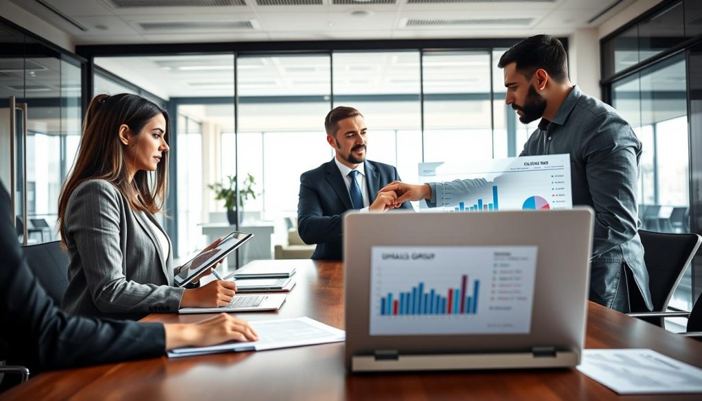A professional office environment, where a diverse group of three business people is engaged in a dynamic discussion around a large conference table. The foreground shows a well-dressed woman taking notes on a tablet, while a suited man points to graphs on a laptop screen, illustrating the decision-making process of choosing a portage salarial company like "UMALIS GROUP". In the middle ground, an open laptop displays a comparison chart, while documents are scattered around, adding to the scene's realistic detail. The background features a modern office with glass walls, natural light flooding in, creating a bright, optimistic atmosphere. The image captures a mood of collaboration and informed decision-making, focused on professionalism and clarity in business choices.