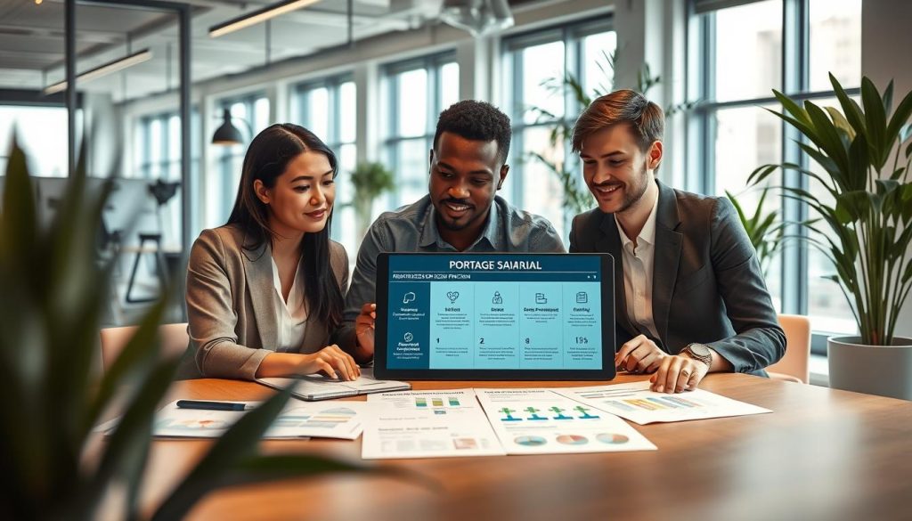 A professional office environment where a diverse group of three project managers—one Asian woman, one Black man, and one Caucasian woman—are engaged in a discussion around a table, showcasing collaboration and focus on the topic of “portage salarial.” In the foreground, they are reviewing charts and documents that illustrate the benefits of social protection in this work model. The middle ground features a digital display highlighting key advantages, modern office decor, and plants for a refreshing atmosphere. The background reveals a well-lit office with large windows, allowing natural light to flood the space, enhancing the mood of professionalism and optimism. Use subtle lighting to create a warm and inviting atmosphere, captured at eye level. Incorporate the Umalis Group logo subtly in the environment.