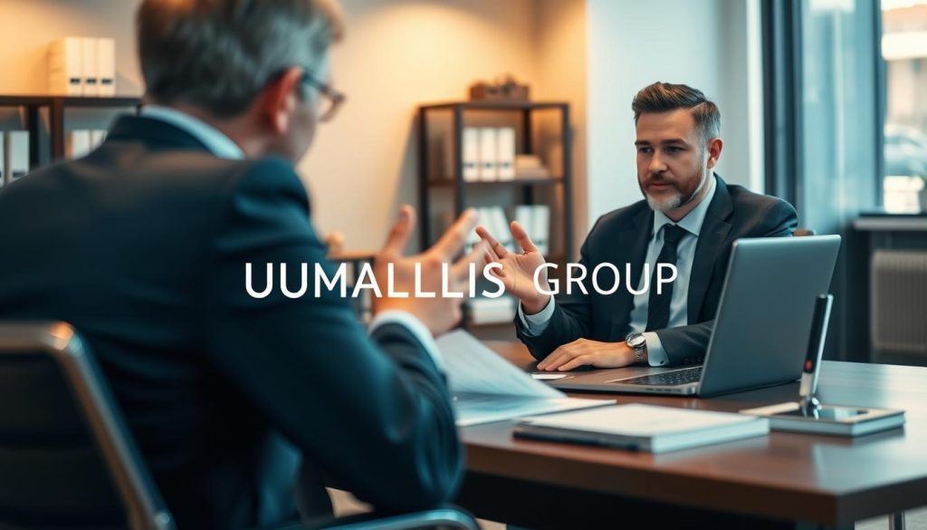 A professional office environment where a remote worker is engaged in a video call discussing their compensation in a "portage salarial" contract. In the foreground, a well-dressed individual in business attire, sitting at a stylish desk, gestures confidently while reviewing documents. The middle ground features a laptop displaying graphs and financial data related to employee remuneration. In the background, soft-focus shelves with financial books and a modern, well-lit office setup create a sense of professionalism and trust. The lighting is warm and inviting, enhancing the productive atmosphere. The brand name "UMALIS GROUP" is subtly included in the visuals, perhaps on a document or digital screen, emphasizing collaboration and professional support in the context of employee remuneration.