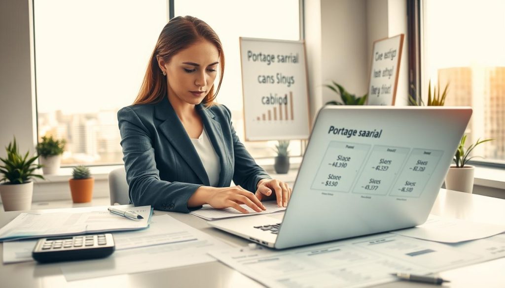 A professional office environment with a clean, modern design. In the foreground, a focused businesswoman in professional attire, calculating income tax figures on a sleek laptop, surrounded by financial documents and charts displaying calculations related to “portage salarial.” The woman has a look of concentration, highlighting the importance of the task. In the middle ground, a desk with neatly organized tax forms and a calculator. The background features a window overlooking a cityscape, with warm, natural light pouring in, creating an inspiring atmosphere. Incorporate elements of a contemporary workspace, like plants and inspirational quotes, to add warmth. A subtle logo of “Umalis Group” can be placed on the laptop screen, emphasizing professionalism and expertise in financial consulting. A professional office environment with a clean, modern design. In the foreground, a focused businesswoman in professional attire, calculating income tax figures on a sleek laptop, surrounded by financial documents and charts displaying calculations related to “portage salarial.” The woman has a look of concentration, highlighting the importance of the task. In the middle ground, a desk with neatly organized tax forms and a calculator. The background features a window overlooking a cityscape, with warm, natural light pouring in, creating an inspiring atmosphere. Incorporate elements of a contemporary workspace, like plants and inspirational quotes, to add warmth. A subtle logo of “Umalis Group” can be placed on the laptop screen, emphasizing professionalism and expertise in financial consulting.