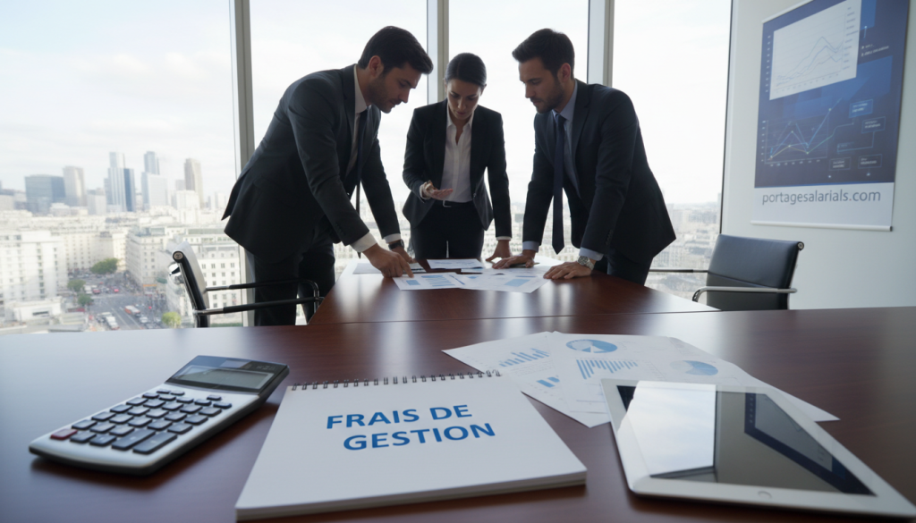 A professional office environment with a clear focus on "frais de gestion" related to portage salarial. In the foreground, display a stylish desk with a calculator, notepad, and financial documents, representing management fees in a modern workspace. In the middle ground, introduce a diverse group of three individuals dressed in professional business attire, engaged in a discussion over the financial documents, showcasing collaboration and teamwork. They should be focused and attentive. In the background, large windows reveal a bustling cityscape, creating a bright and vibrant atmosphere with natural light flooding the room. Use a shallow depth of field to emphasize the subjects while softly blurring the background. The overall mood should convey professionalism, clarity, and analysis. Include a subtle reference to "portagesalarials.com" in the decor, possibly on a wall poster.
