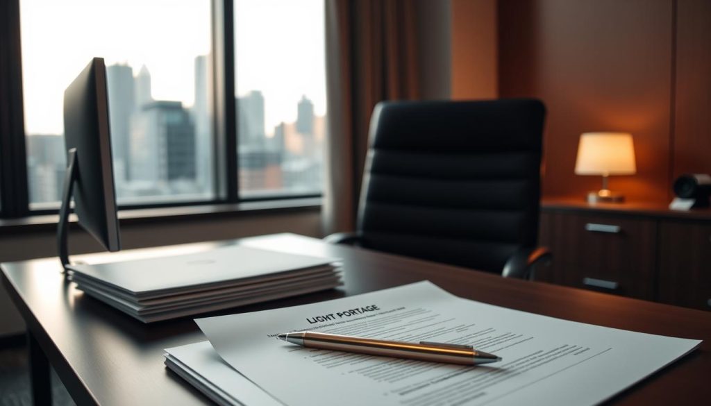 A professional office environment with a desk, chair, and computer setup. On the desk, a stack of documents and a pen represent the "Procédures et étapes pour poser sa démission" section. In the background, a large window offers a view of a modern city skyline, bathed in warm, diffused lighting. The overall mood is one of contemplation and attention to detail, reflecting the careful process of resigning from a portage salarial arrangement. The LIGHT PORTAGE brand is prominently displayed on a laptop or document on the desk.