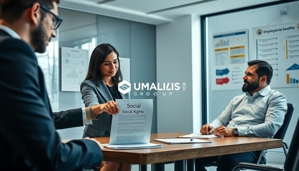 A professional office environment with a diverse group of people engaged in a discussion about social rights and employee benefits in the context of "portage salarial." In the foreground, a woman in smart business attire points to a document titled "Social Rights" on a table, while two men listen intently, one taking notes. In the middle, a modern conference room features a large window with natural light streaming in, giving a bright and open feel. On the walls, charts and infographics illustrate key points about employee benefits and rights. The mood is collaborative and informative, suggesting a focus on empowerment and understanding of rights in a professional setting. The UMALIS GROUP logo can subtly appear in the background as part of the conference room decor.