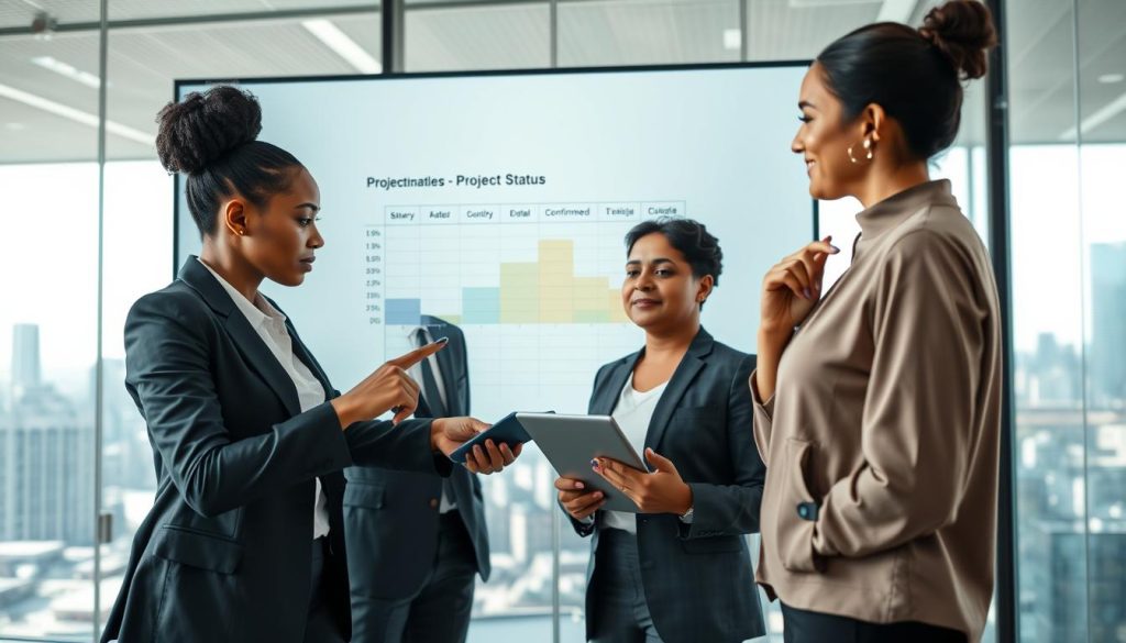 A professional office environment with a diverse group of three business professionals analyzing project timelines on a large digital screen. In the foreground, a Black woman in a smart business suit points at an Excel-like chart labeled "Project Status," while a South Asian man in a tailored suit takes notes on a tablet. A Middle-Eastern woman in a sleek blouse reflects with a thoughtful expression. The background features a modern office with glass walls, a city skyline visible through the windows, and bright, natural lighting that creates an optimistic atmosphere. The mood is collaborative and focused, emphasizing the importance of differentiating between confirmed projects and those on hold. Include the logo "UMALIS GROUP" subtly on the screen.