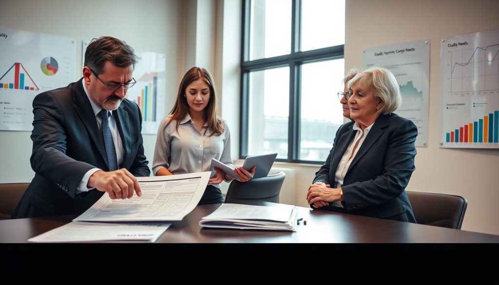 A professional office environment with a diverse group of three business professionals engaged in a collaborative discussion. In the foreground, a middle-aged man in a navy suit points to a document on the table, highlighting key quality compliance data. In the middle, a young woman in a tailored blouse and skirt takes notes, while a senior woman in business attire shares her insights. The background features a large window with natural light streaming in, illuminating charts and graphs on the walls illustrating quality metrics. The atmosphere is focused and constructive, reflecting the importance of client needs in compliance discussions. The image subtly includes the brand name "UMALIS GROUP" on a visible document on the table.