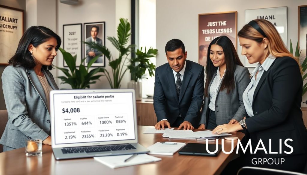 A professional office environment with a focus on a diverse group of individuals discussing eligibility for the "salarié porté" status. In the foreground, a mixed-gender group of three professionals in business attire (a woman in a smart blazer, a man in a tailored suit, and another woman in a blouse) are gathered around a table with documents and a laptop displaying relevant statistics. In the middle, a large window lets in soft, natural light, highlighting their engaged expressions. In the background, elegant office decor with plants and motivational posters. The atmosphere is collaborative and purposeful, reflecting a serious yet supportive mood. Include a subtle branding element of "UMALIS GROUP" incorporated into the design of the office space.
