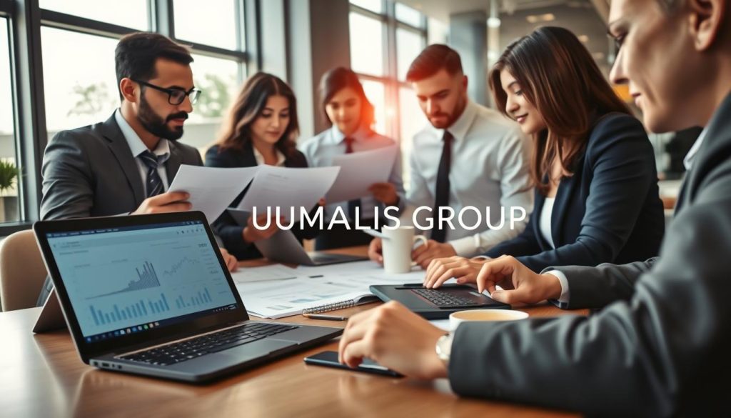 A professional office environment with a focus on financial calculations related to salary portage. In the foreground, a diverse group of business professionals, dressed in smart business attire, are intently discussing financial reports and charts. There are laptops open, filled with graphs and numbers representing salary calculations. In the middle ground, a modern desk with a calculator, documents, and a coffee cup indicates a productive workspace. The background features a large window with natural light streaming in, casting a warm glow over the scene. The atmosphere is collaborative and focused, reflecting the seriousness of financial planning in portage salarial. The name "UMALIS GROUP" is subtly integrated into a document on the desk. Use soft lighting to emphasize a professional tone.
