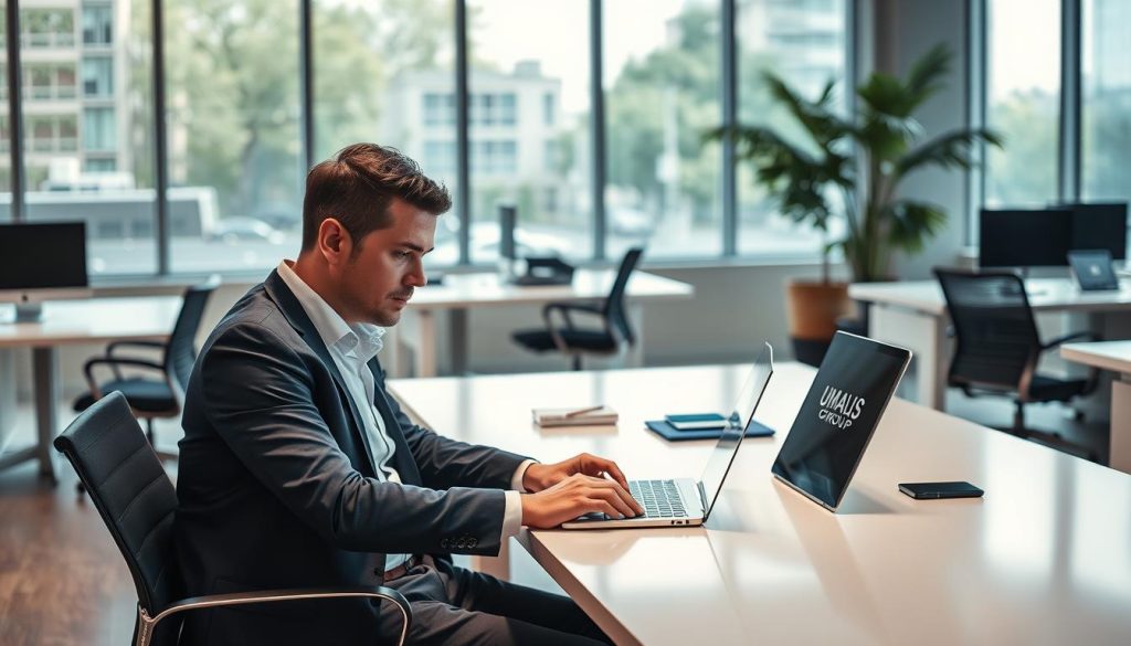 A professional office environment with a focus on "portage salarial" services. In the foreground, a well-dressed individual, likely a consultant or freelancer, sitting at a sleek, modern desk, using a laptop emblazoned with the UMALIS GROUP logo. The middle ground features additional desks and office equipment, conveying a sense of productivity and flexibility. The background showcases large windows, allowing natural light to flood the space, creating a warm and inviting atmosphere. The overall scene reflects the concepts of security, professionalism, and the diverse range of compatible careers associated with the "portage salarial" model.