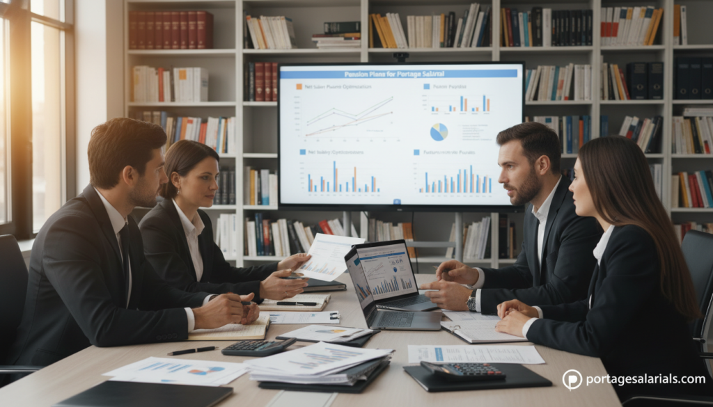 A professional office environment with a focus on retirement pension calculations related to "portage salarial." In the foreground, a diverse group of four professionals, dressed in smart business attire, are engaged in a discussion around a large table filled with documents, calculators, and laptops displaying financial data. In the middle ground, a large whiteboard displaying charts and graphs of pension plans, highlighting key figures and formulas. The background features shelves lined with books on finance and retirement planning. The lighting is bright and warm, creating an inviting atmosphere for collaboration. The image conveys a sense of professionalism, teamwork, and focus on financial planning. Include a subtle reference to the website "portagesalarials.com" integrated into the environment, such as on a digital screen or printed document.