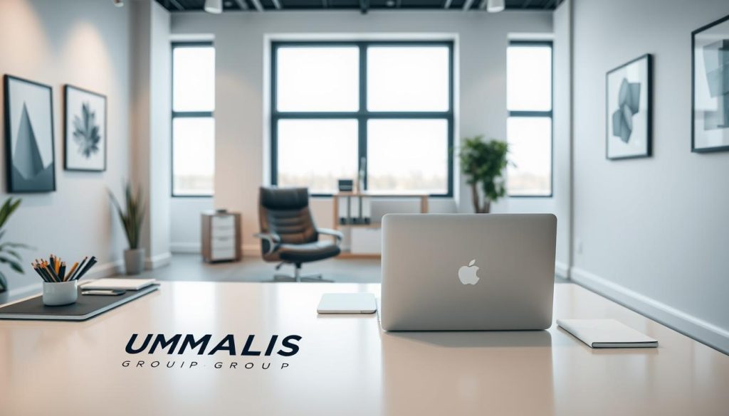 A professional office interior with a clean, modern aesthetic. In the foreground, a desk adorned with the UMALIS GROUP logo, a laptop, and neatly arranged office supplies. The middle ground features a comfortable leather chair and a sleek filing cabinet. The background showcases floor-to-ceiling windows, allowing natural light to flood the space, creating a sense of openness and tranquility. The walls are adorned with minimalist artwork, complementing the overall sophisticated and organized ambiance. The lighting is warm and balanced, conveying a professional yet inviting atmosphere, ideal for the key steps of invoicing in the freelance employment context.