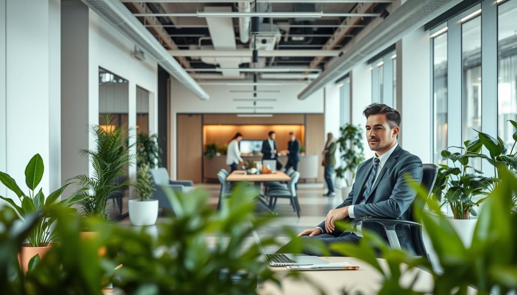 A professional office interior with a cozy, modern vibe. In the foreground, a well-dressed employee sits at a desk, surrounded by plants and ergonomic furniture, symbolizing the security and support of the "Umalis Group" salaried portage system. In the middle ground, a team collaborates in an open, airy workspace, conveying the sense of community and camaraderie. The background features sleek, minimalist architecture with plenty of natural light, evoking a sophisticated, forward-thinking atmosphere. The overall scene radiates a feeling of stability, protection, and opportunity for the salaried professional.