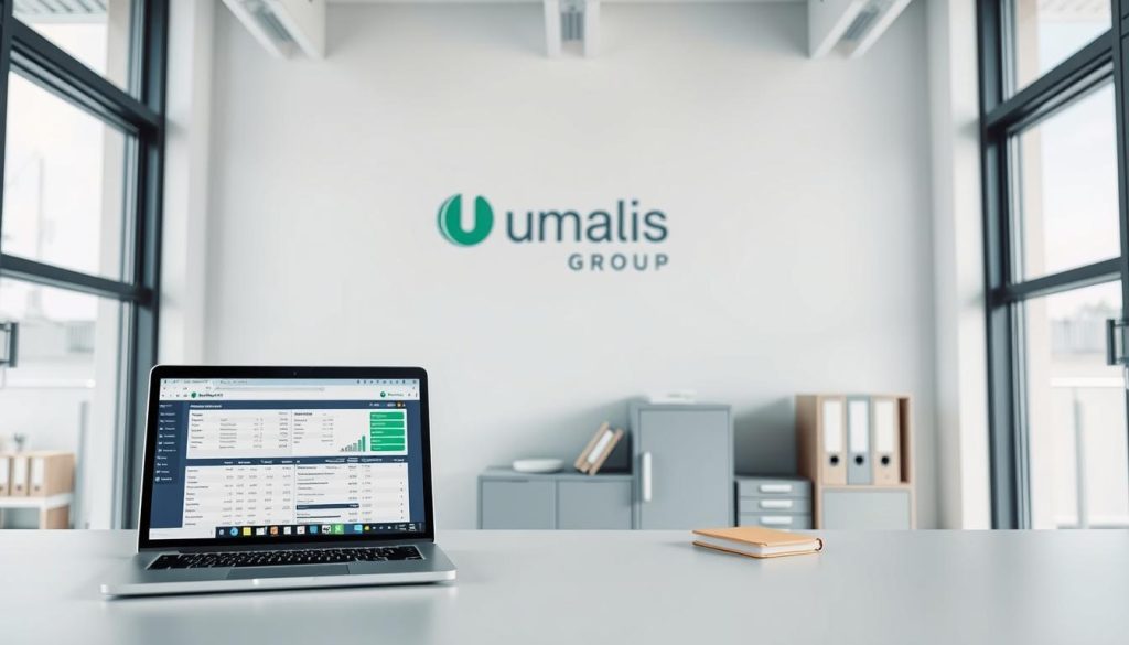 A professional office interior with a minimalist, modern aesthetic. In the foreground, a desk with a laptop displaying financial data and documents, representing the "prélèvement à la source" process. On the wall, the Umalis Group logo stands out, signifying the company's expertise in "portage salarial". The middle ground features a filing cabinet and office supplies, hinting at the administrative tasks involved. The background showcases large windows, allowing natural light to flood the space, creating a calming and productive atmosphere. The overall composition conveys the efficient and streamlined nature of the "prélèvement à la source" system in the context of "portage salarial".
