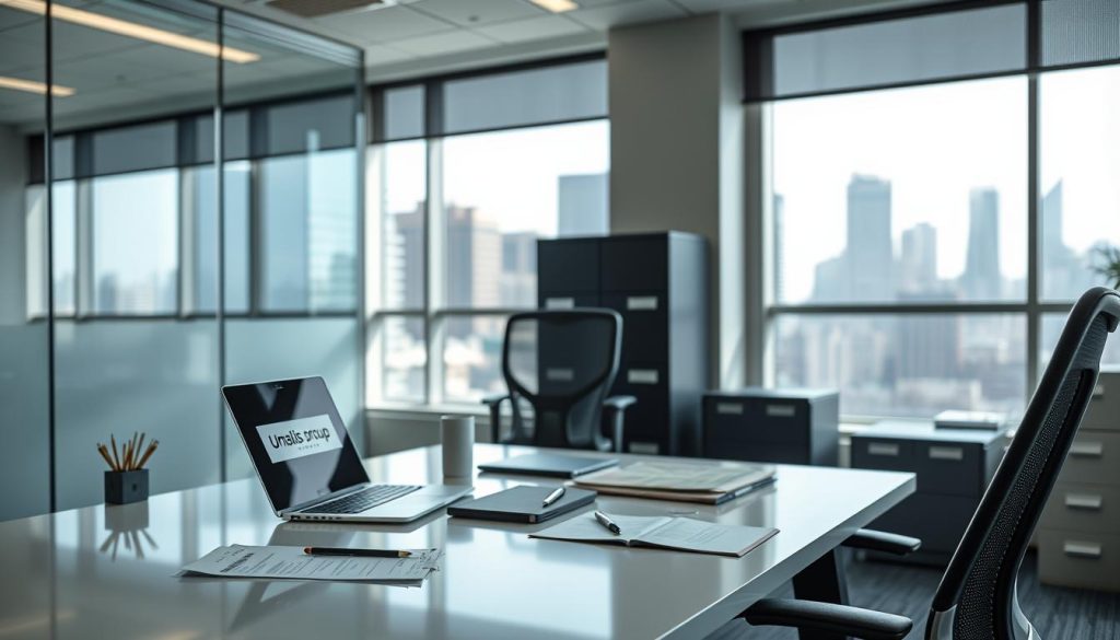A professional office interior with a sleek, modern aesthetic. In the foreground, a desk featuring the Umalis Group branding, with a laptop, documents, and office supplies neatly arranged. In the middle ground, an ergonomic office chair and a filing cabinet. The background showcases floor-to-ceiling windows, allowing natural light to flood the space and providing a view of a bustling city skyline. The overall mood is one of productivity, organization, and the potential challenges and considerations associated with the portage salarial system.