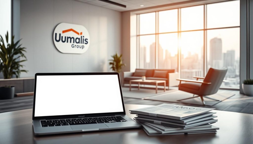 A professional office interior with modern furniture and a prominent logo of the "Umalis Group" on the wall. Soft, natural lighting filters through large windows, casting a warm glow on the space. In the foreground, a laptop and documents symbolize the administrative aspects of "portage salarial". The middle ground features a comfortable lounge area, hinting at the flexible work arrangements. The background showcases a city skyline, suggesting the commercial nature of this service. An atmosphere of professionalism, efficiency, and work-life balance permeates the scene.