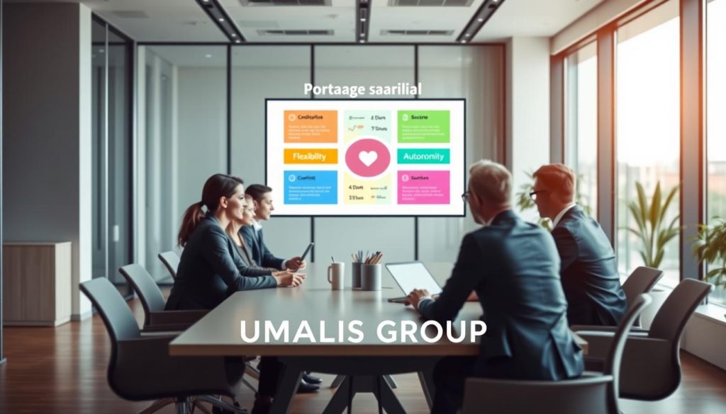 A professional office meeting scene illustrating the benefits of "portage salarial." In the foreground, a diverse group of three professionals in business attire is engaged in a discussion around a modern conference table, showcasing collaboration and teamwork. The middle layer features a presentation screen displaying vibrant infographics and keywords highlighting the advantages: flexibility, security, and autonomy. The background offers a sleek, contemporary office setting with large windows allowing natural light to flood in, creating an inviting atmosphere. Use soft lighting to enhance the warm, optimistic mood of the image. Capture a slight depth of field to focus on the professionals while softly blurring the background details. Include the brand name "UMALIS GROUP" subtly integrated into the room decor, reinforcing the context without being intrusive.