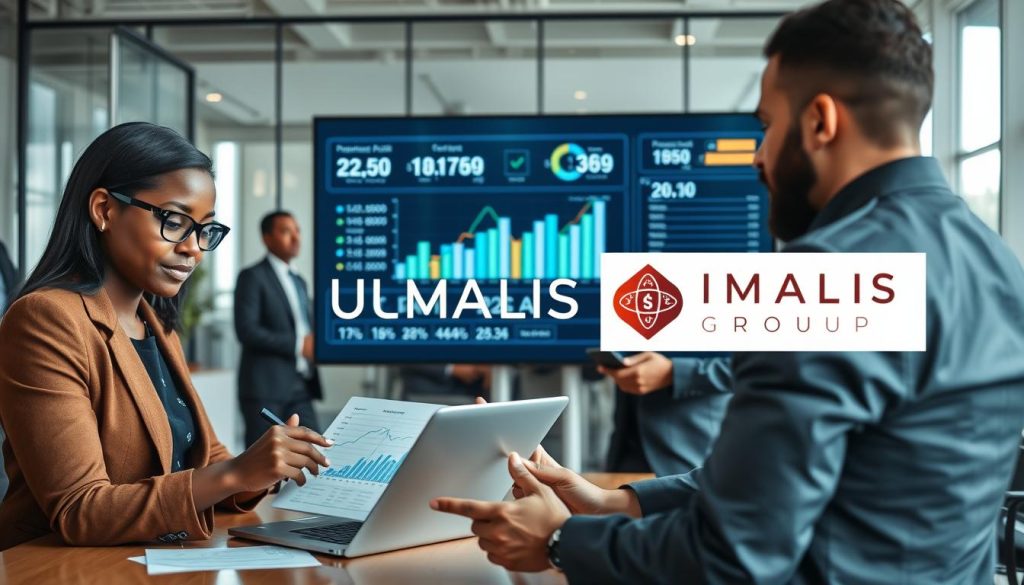 A professional office scene depicting a diverse group of individuals in business attire engaged in discussions around financial calculations. In the foreground, a black woman with glasses and a white man are analyzing financial charts on a laptop, displaying figures related to revenue and profitability. In the middle ground, a large digital screen showcases the progression of chiffres affaires, with graphs and bar charts illustrating net income calculations and the financial impact of portage salarial. The background features a modern office environment with glass walls, natural light streaming in, and sleek furniture. The atmosphere is focused and inspiring, emphasizing collaboration and financial insight. The logo for "UMALIS GROUP" is subtly integrated into the digital screen, enhancing brand visibility without distracting from the main theme.