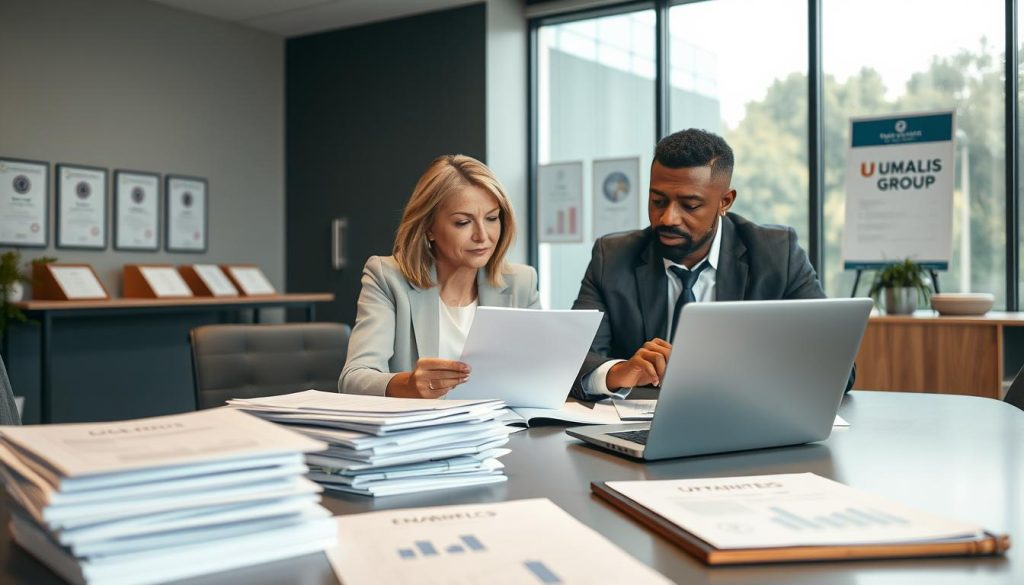 A professional office scene depicting a mid-aged Caucasian woman and a middle-aged Black man engaged in a discussion over paperwork, representing "démarches administratives cumul emploi retraite." The foreground showcases stacks of documents, folders labeled with legal terms and graphs, and a laptop open to a financial calculator. In the middle ground, the two individuals are sitting at a sleek conference table, both dressed in business attire, with focused expressions, as they examine the paperwork. The background features a well-organized office space with certifications on the walls, including the logo of "UMALIS GROUP," and natural light filtering in through large windows, creating an atmosphere of professionalism and collaboration. Soft, warm lighting enhances the sense of approachability and diligence.