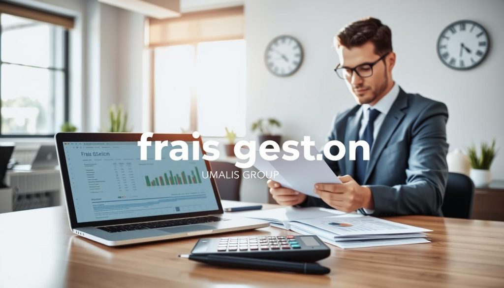 A professional office scene depicting the concept of "frais gestion" related to financial management. In the foreground, a neatly organized desk with a laptop displaying spreadsheets, financial documents, and a calculator. The middle ground features a focused business professional in smart attire, reviewing documents under soft, natural lighting streaming through a large window. In the background, a modern office space with subtle decor, potted plants, and a wall clock to signify time management. The atmosphere is one of concentration and efficiency, emphasizing the importance of management fees in business activity. The image includes the brand name "UMALIS GROUP" subtly integrated into the scene, reflecting professionalism and trustworthiness. A professional office scene depicting the concept of "frais gestion" related to financial management. In the foreground, a neatly organized desk with a laptop displaying spreadsheets, financial documents, and a calculator. The middle ground features a focused business professional in smart attire, reviewing documents under soft, natural lighting streaming through a large window. In the background, a modern office space with subtle decor, potted plants, and a wall clock to signify time management. The atmosphere is one of concentration and efficiency, emphasizing the importance of management fees in business activity. The image includes the brand name "UMALIS GROUP" subtly integrated into the scene, reflecting professionalism and trustworthiness.