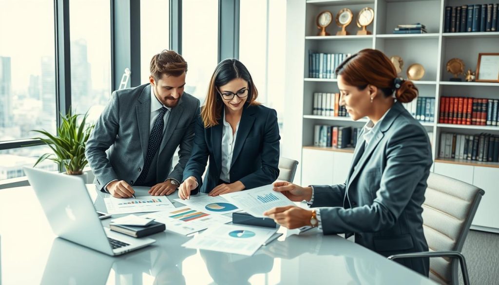 A professional office scene depicting the concept of "salary remuneration and financial guarantees" in the context of umbrella companies. In the foreground, a diverse group of three business professionals, two men and one woman, dressed in smart business attire, are engaged in a focused discussion, examining financial documents and charts on a sleek table. In the middle, modern office furnishings, including a large window showing a city skyline, add to the professionalism of the environment. The background features bookshelves filled with business literature and financial awards, highlighting success and expertise. Soft, natural lighting filters through the window, creating a bright, optimistic atmosphere that conveys confidence and stability, ideal for a business setting discussing financial topics. A professional office scene depicting the concept of "salary remuneration and financial guarantees" in the context of umbrella companies. In the foreground, a diverse group of three business professionals, two men and one woman, dressed in smart business attire, are engaged in a focused discussion, examining financial documents and charts on a sleek table. In the middle, modern office furnishings, including a large window showing a city skyline, add to the professionalism of the environment. The background features bookshelves filled with business literature and financial awards, highlighting success and expertise. Soft, natural lighting filters through the window, creating a bright, optimistic atmosphere that conveys confidence and stability, ideal for a business setting discussing financial topics.
