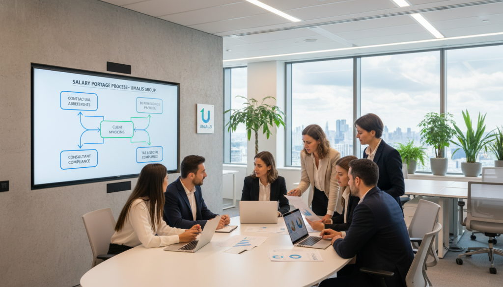 A professional office scene depicting the functioning of a salary portage company, specifically Umalis Group. In the foreground, a diverse group of professionals in business attire, such as suits and blouses, are engaged in discussion around a modern conference table, displaying graphs and documents. The middle layer features a large wall-mounted screen showing an animated flowchart illustrating the administrative obligations involved with salary portage, including contractual details, invoicing, and tax compliance. The background includes sleek office furniture, large windows letting in natural light, and plants adding a touch of greenery. The overall atmosphere conveys collaboration and professionalism, with warm lighting creating an inviting environment, captured with a slight depth of field to emphasize the foreground activity.