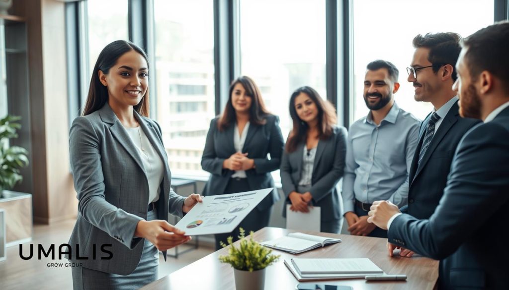 A professional office scene featuring a diverse group of individuals in business attire engaged in a collaborative discussion about "société portage salarial". In the foreground, a confident woman is presenting to a small team, her laptop open, showcasing financial graphs and charts related to portage salarial. In the middle, three colleagues (a Black man, an Asian woman, and a Caucasian man) are attentively listening, surrounded by professional decor that suggests a modern business environment. The background features large windows with natural light pouring in, giving a warm and inviting atmosphere. The camera is at eye level, creating an approachable perspective. The scene includes elements of teamwork and professionalism. The brand "UMALIS GROUP" is subtly represented in the decor, emphasizing the theme of opportunities in business management.