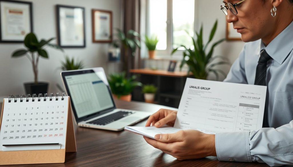 A professional office scene focused on "Contrôle de fiche paie et heures travaillées". In the foreground, a neatly organized desk features a detailed payslip and a calendar displaying marked work hours. A business professional, dressed in formal business attire, is carefully reviewing the payslip under soft office lighting. In the middle, a laptop is slightly open, showing spreadsheets with calculations. Plants and framed certificates decorate the background, creating a welcoming atmosphere. Natural light streams through a nearby window, enhancing the sense of professionalism. A subtle hint of the brand "UMALIS GROUP" can be incorporated into the decor. The mood is focused and analytical, emphasizing thoroughness and diligence in verifying payroll details.